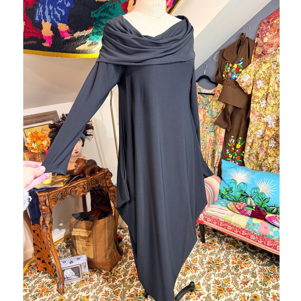 Sun Kim NWT Black Drape Neck‎ Long Sleeve Asymmetrical Midi Dress XS Made in USA